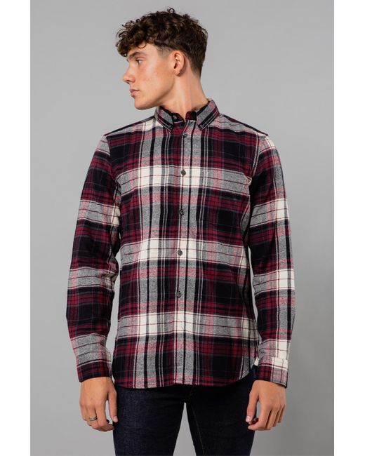 French Connection Gray Cotton Check Flannel Long Sleeve Shirt for men