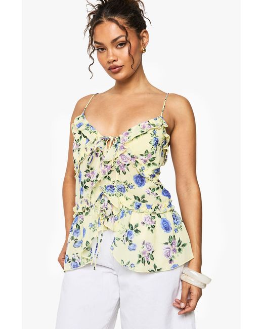 Boohoo White Woven Floral Print Ruffle Cami