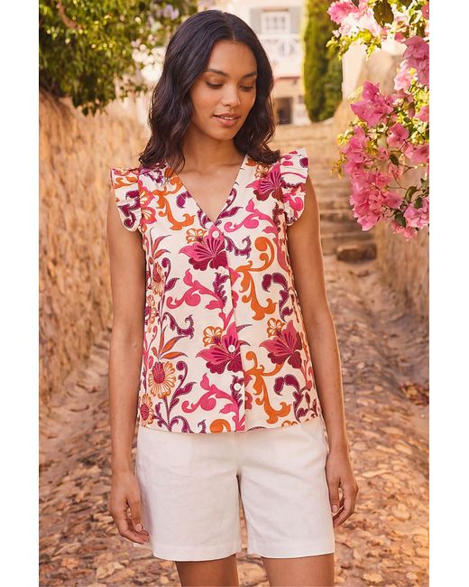 Roman Red Floral Print Frill Sleeve Blouse