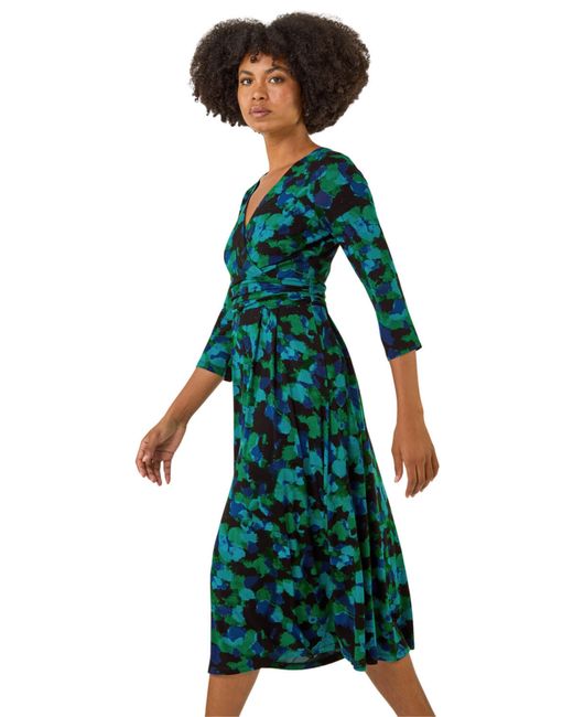 Roman Green Abstract Print V-Neck Stretch Midi Dress