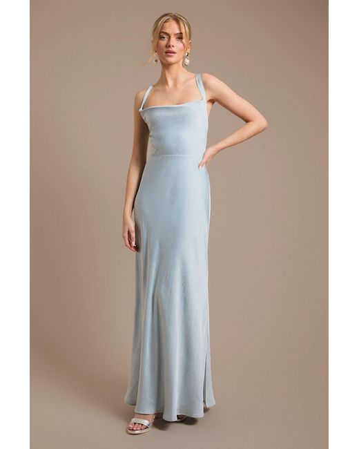 Oasis Blue Cross Shoulder Tie Back Satin Maxi Bridesmaid Dress