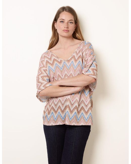 Blue Vanilla Pink Zig Zag Metallic Bow Back Top