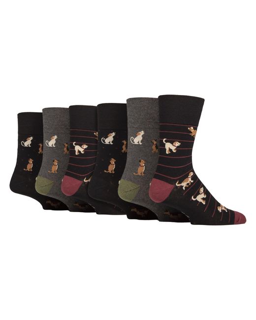 Gentle Grip Black 6 Pairs Non Elastic Cotton Rich Novelty Patterned Socks for men