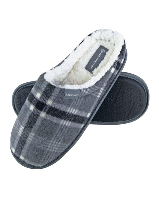 Dunlop Gray Warm Plush Fleece Lined Slip On Mule Checked Plaid House Slippers for men