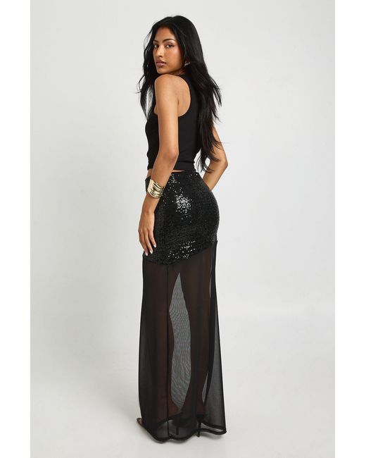 Boohoo Black Sequin And Mesh Mix Maxi Skirt