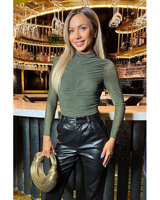 AX Paris Green High Neck Long Sleeve Ruched Mesh Bodysuit