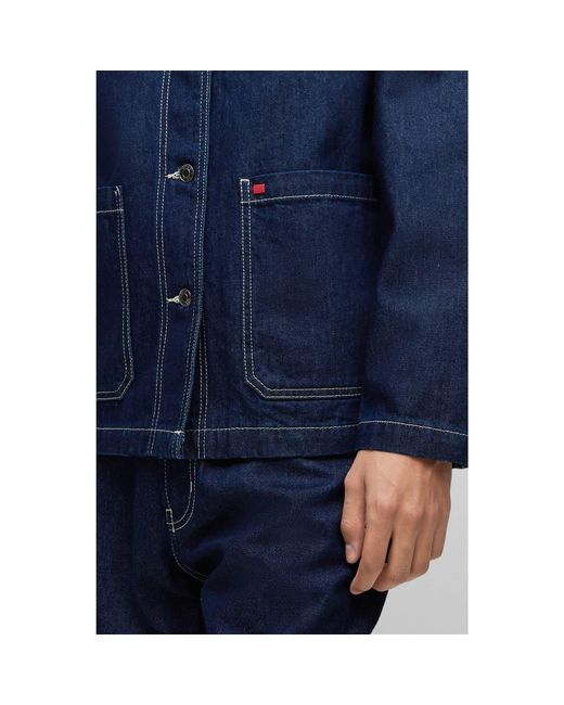 HUGO Blue Solid Patterned Denim Jacket With Shirt Collar for men
