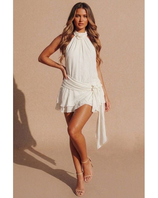 Femme Luxe Brown High Neck Floral Detail Frill Hem Mini Dress -Mayan