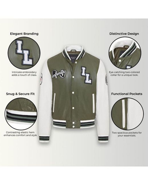Infinity Leather Green Baseball Letterman Bomber Jacket for men