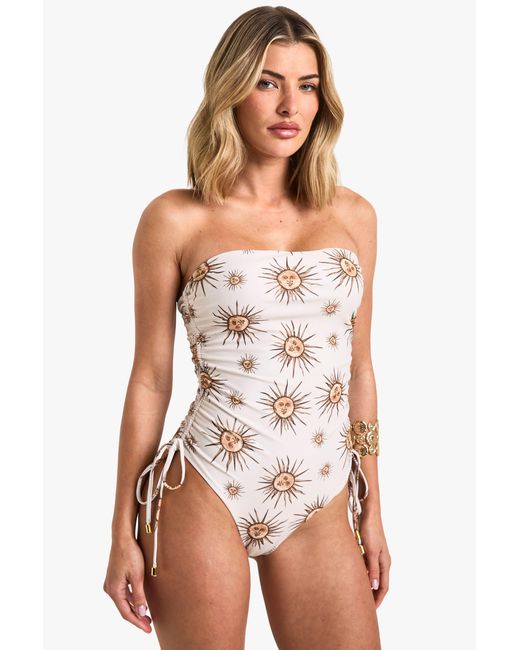 Boohoo White Celestial Print Ruched Bandeau Bathing Suit