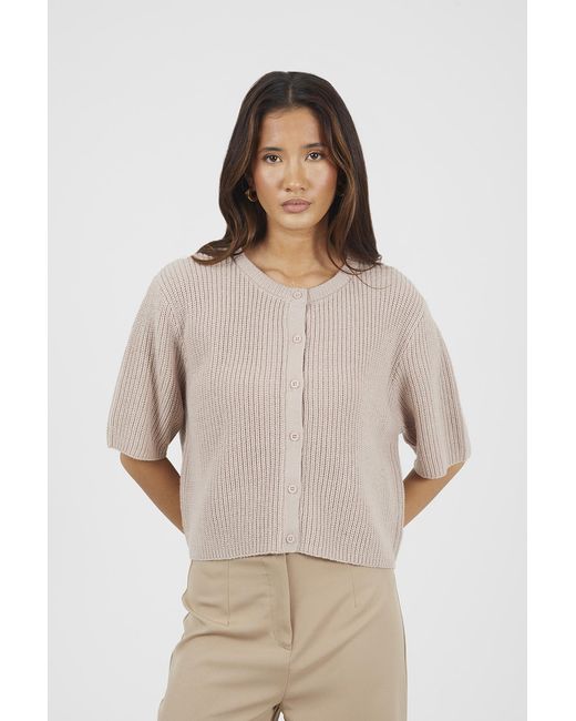 Brave Soul Natural Short Sleeve Crew Neck Fisherman Knit Cardigan