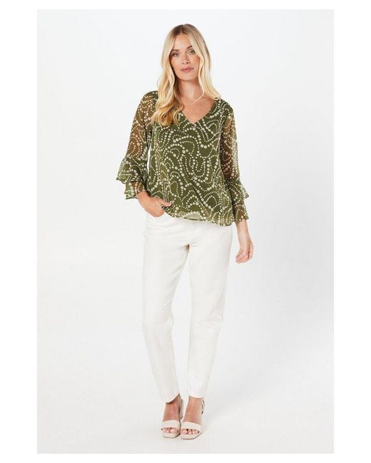 Wallis Green Petite Spot Flute Sleeve Top