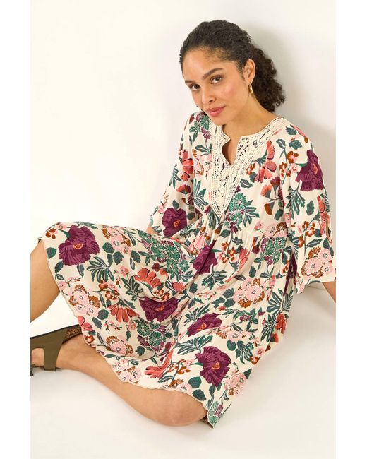 Roman Natural Floral Trim Smock Dress