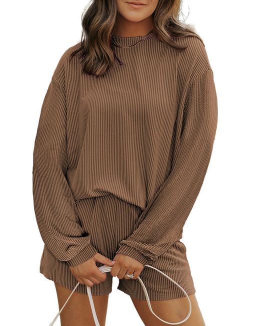 Azura Exchange Brown Corded Knit Long Sleeve Top And High Waist Shorts Set