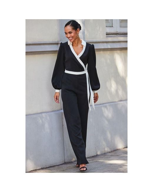 Sosandar Gray Contrast Trim Wrap Front Jumpsuit