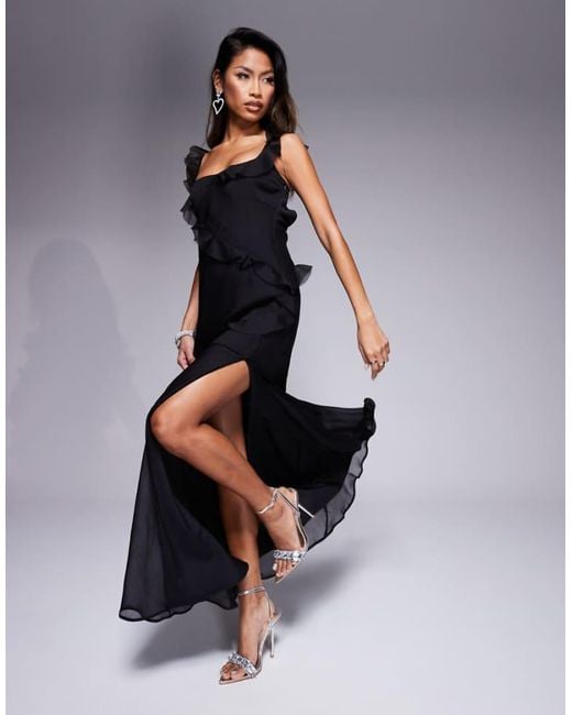 ASOS Blue Raw Edge Frill Maxi Dress With Tie Back