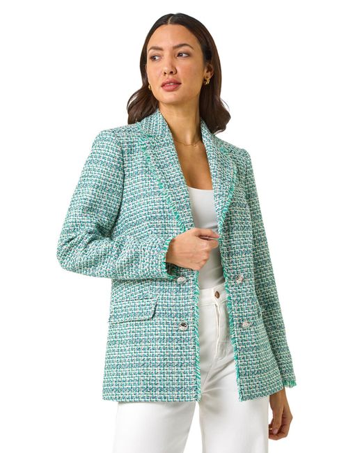 Roman Blue Check Frayed Edge Boucle Button Jacket