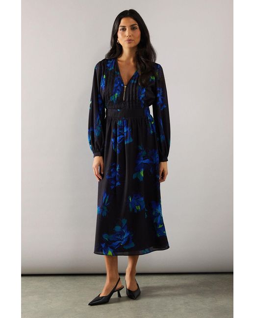 Wallis Blue Floral Print Pin Tuck Detail Zip Midi Dress