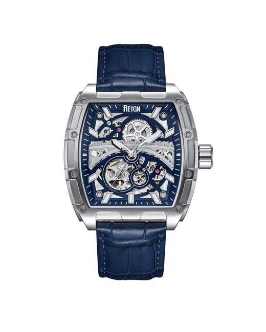 Reign Blue Olympia Automatic Semi-Skeleton Leather-Band Watch for men