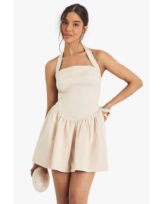 Boohoo Natural Satin Halterneck Drop Waist Volume Mini Dress