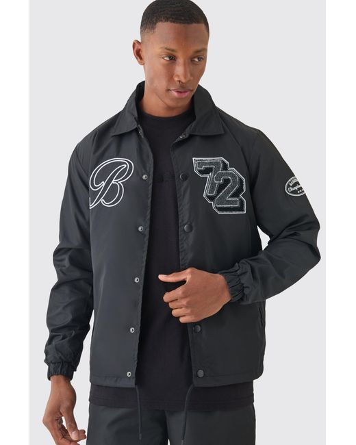 BoohooMAN Black Varsity Badge Collared Coach Jacket for men