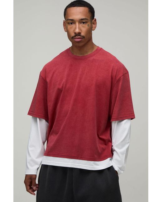 BoohooMAN Red Essential Washed Regular Fit Faux Layer Long Sleeve T-Shirt for men
