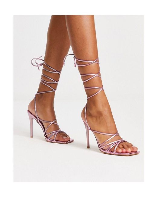 Truffle Collection Pink Tie Leg Stilletto Heeled Sandals With Square Toe