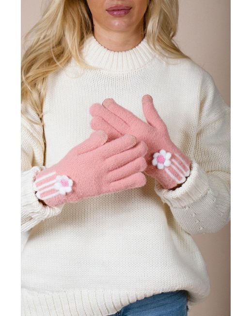 SVNX Pink Knitted Flower Gloves