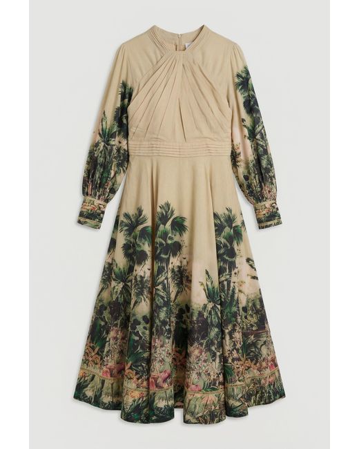 Karen Millen Green Plus Size Botanical Print Woven Balloon Sleeve Maxi Dress