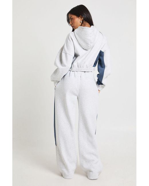 Boohoo Blue Contrast Panel Zip Through Hoodie Wide Leg Jogger Tracksuit