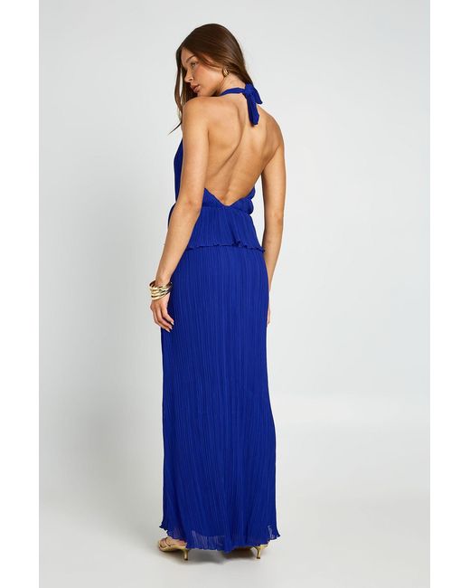 Boohoo Blue Plisse Trim Plunge Front Maxi Dress