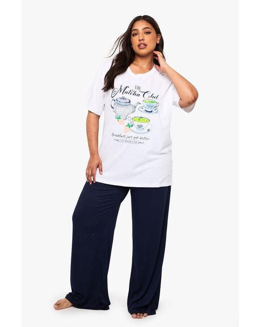 Boohoo Blue Plus Matcha Club T-Shirt & Trouser Pj Set