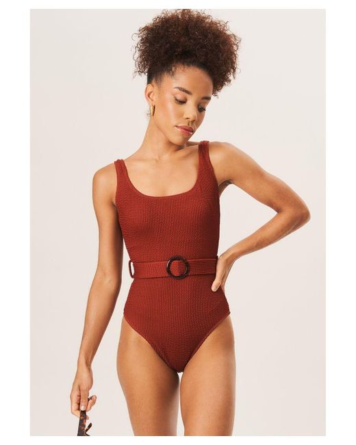 Gini London Textured Round Neck Belted Swimsuit