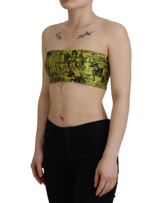 John Galliano Green Graphic Print Nylon Strapless Cropped Top
