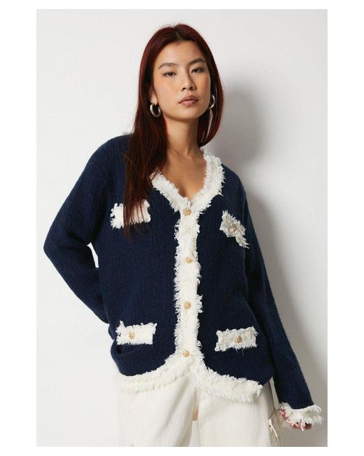 Warehouse Blue Knitted Pocket Cardigan