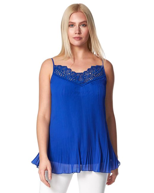 Roman Blue Pleated Lace Trim Cami Top