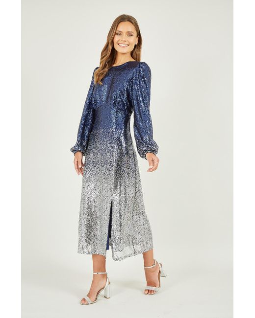 Yumi' Blue And Sequin Ombre Long Sleeve Midi Dress
