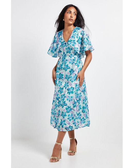 Wallis Blue Petite Floral Burn Out Cape Sleeve Midi Dress