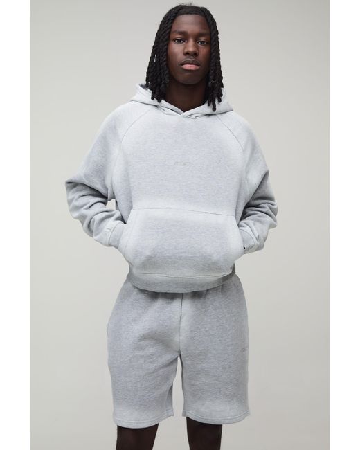 BoohooMAN Gray Oversized Shrunken Sport Drop Shoulder Raglan Hooded Short Tracksuit for men