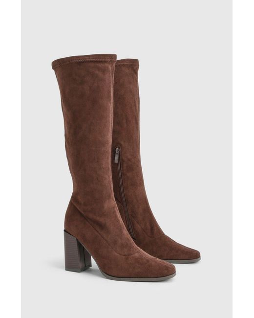 Boohoo Brown Faux Suede Block Stacked Heel Knee High Boots