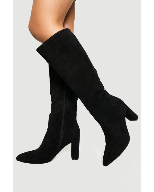 Boohoo Black Wide Fit Faux Suede Block Heel Knee High Boots