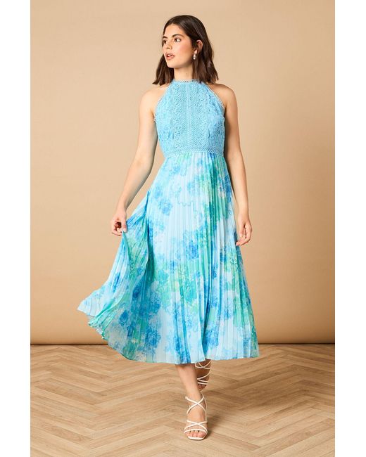 Oasis Blue Printed Lace Mix Halterneck Midi Dress