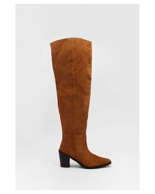 Warehouse Brown Real Suede Slouchy Knee High Boots