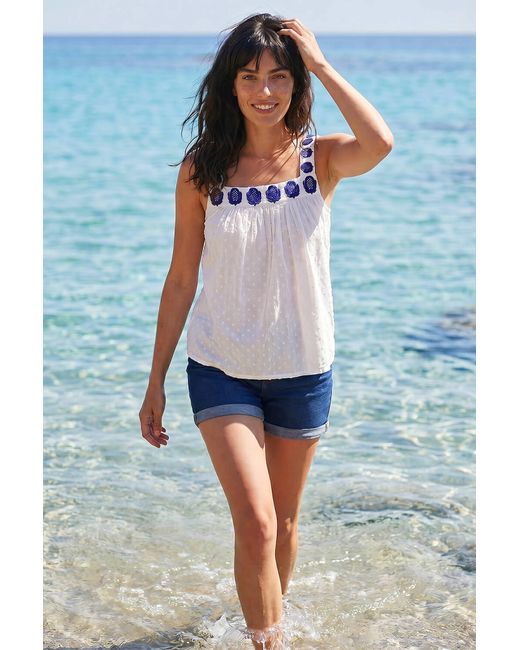 Roman White Embroidered Neck Textured Cami Top