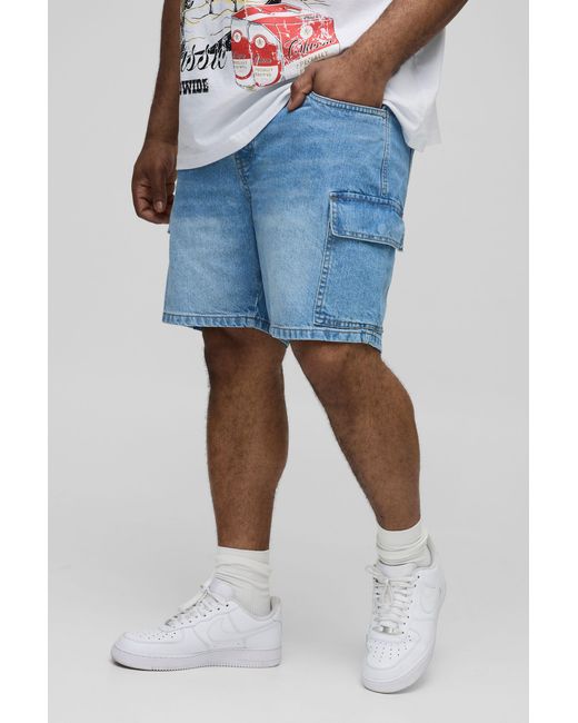 BoohooMAN Blue Plus Slim Rigid Cargo Jean Shorts for men