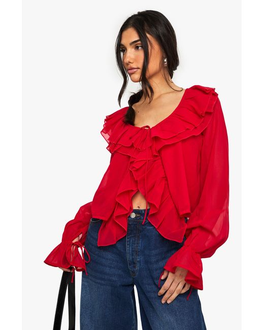 Boohoo Red Chiffon Ruffle Blouse