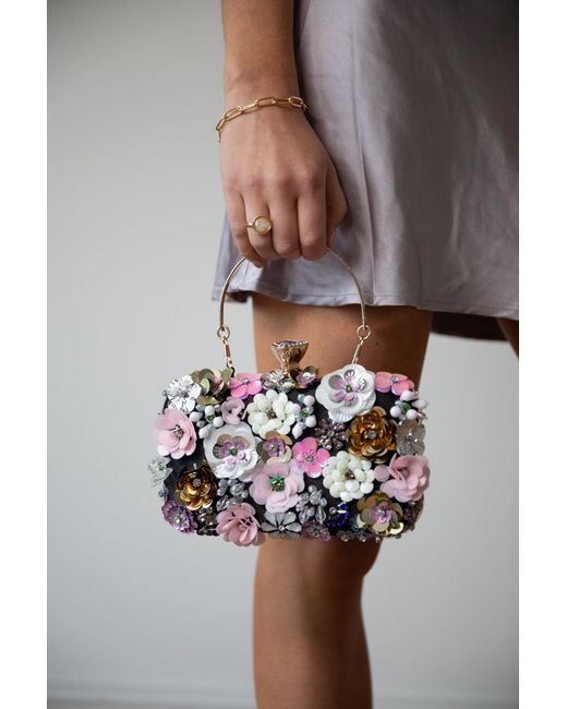 SVNX Gray Floral Applique Clutch Bag