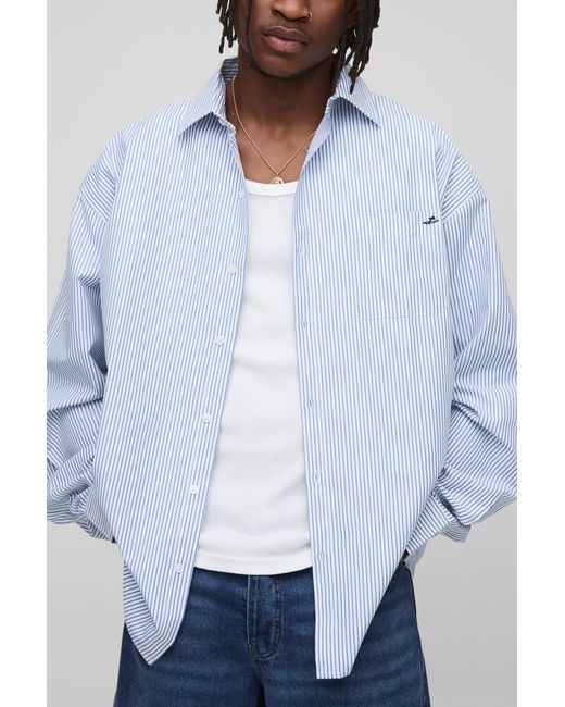 BoohooMAN White Tall Stripe Oversized Long Sleeve Embroidered Shirt for men