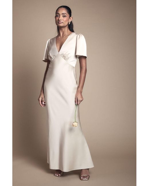 Oasis Natural Deep V Fluted Sleeve Maxi Bridesmaid Dress