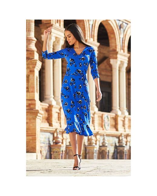 Sosandar Blue Cobalt Floral Print Ruffle Hem Midi Dress